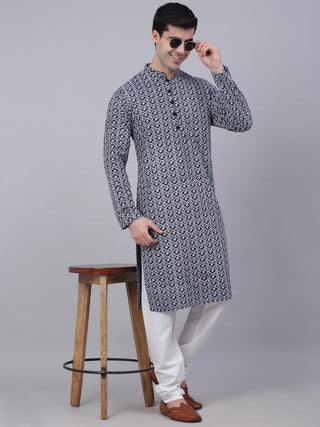 Men's Navy Blue & White embroidered Straight Kurta Pyjama Set