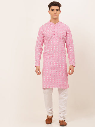 Men's Pink & White Embroidered Straight Kurta Pyjama Set