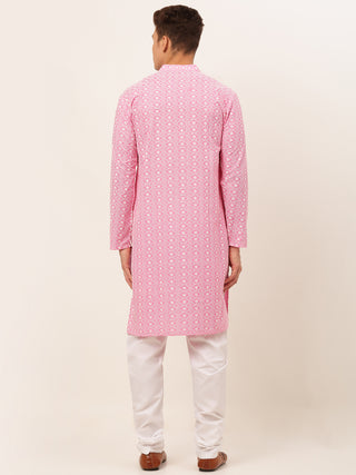 Men's Pink & White Embroidered Straight Kurta Pyjama Set