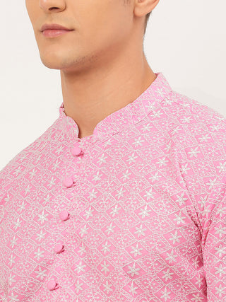 Men's Pink & White Embroidered Straight Kurta Pyjama Set