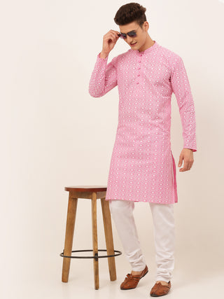 Men's Pink & White Embroidered Straight Kurta Pyjama Set