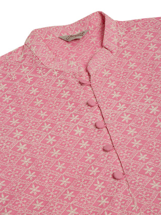 Men's Pink & White Embroidered Straight Kurta Pyjama Set