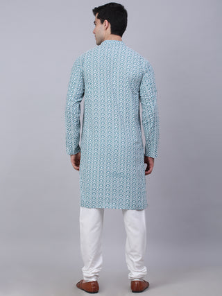 Men's Teal Blue & White embroidered Straight Kurta Pyjama Set