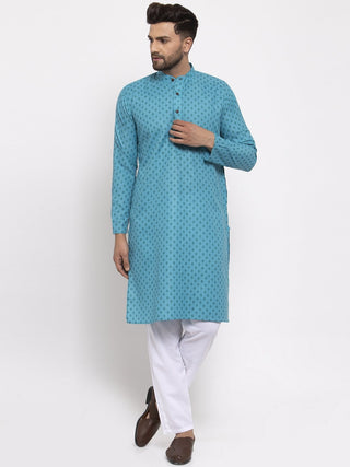 Jompers Men Sky Blue Printed Kurta Only