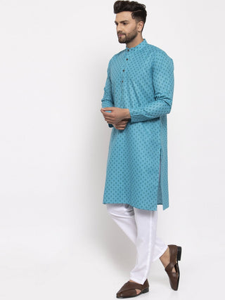 Jompers Men Sky Blue Printed Kurta Only