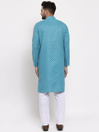 Jompers Men Sky Blue Printed Kurta Only