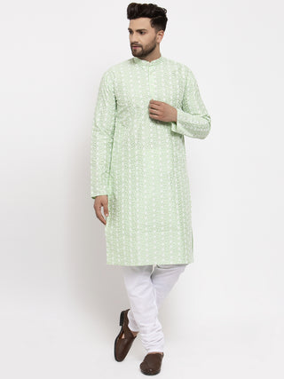 Jompers Men Mint Green Embroidered Kurta with Pyjamas