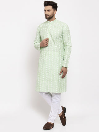 Jompers Men Mint Green Embroidered Kurta with Pyjamas