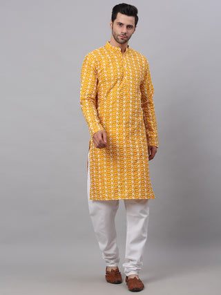 Jompers Men Mustard Embroidered Kurta with Pyjamas