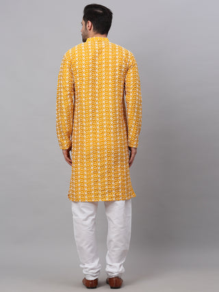 Jompers Men Mustard Embroidered Kurta with Pyjamas