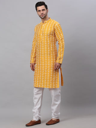 Jompers Men Mustard Embroidered Kurta with Pyjamas