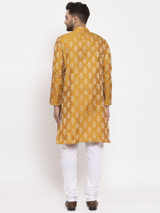 Jompers Men Mustard Yellow & White Jacquard Kurta with Churidar