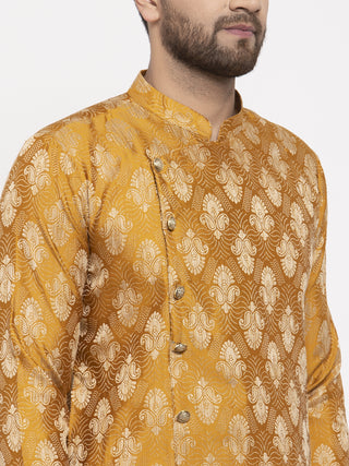 Jompers Men Mustard Yellow & White Jacquard Kurta with Churidar