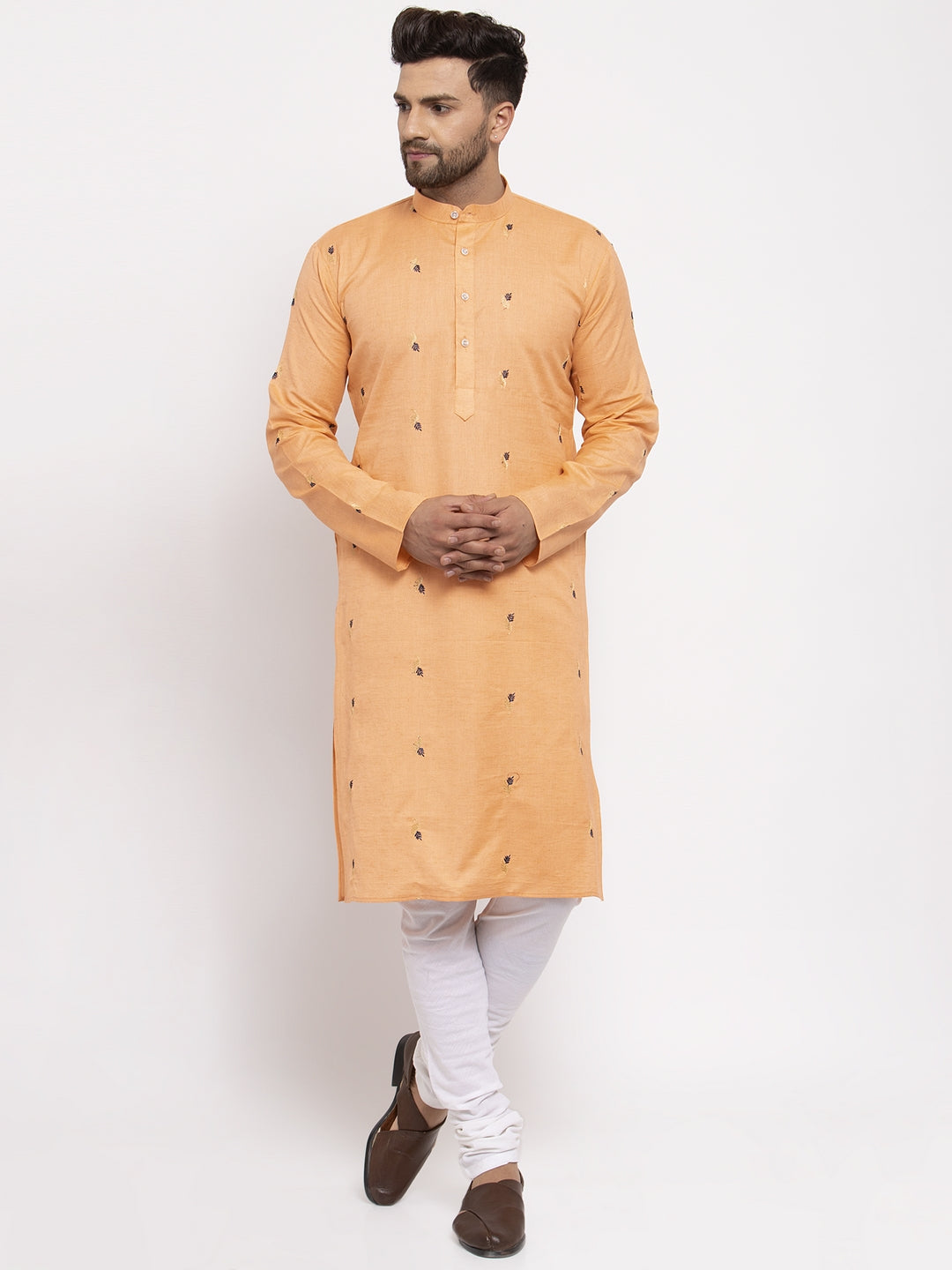 Jompers Men's Orange Printed Cotton Kurta Payjama Sets