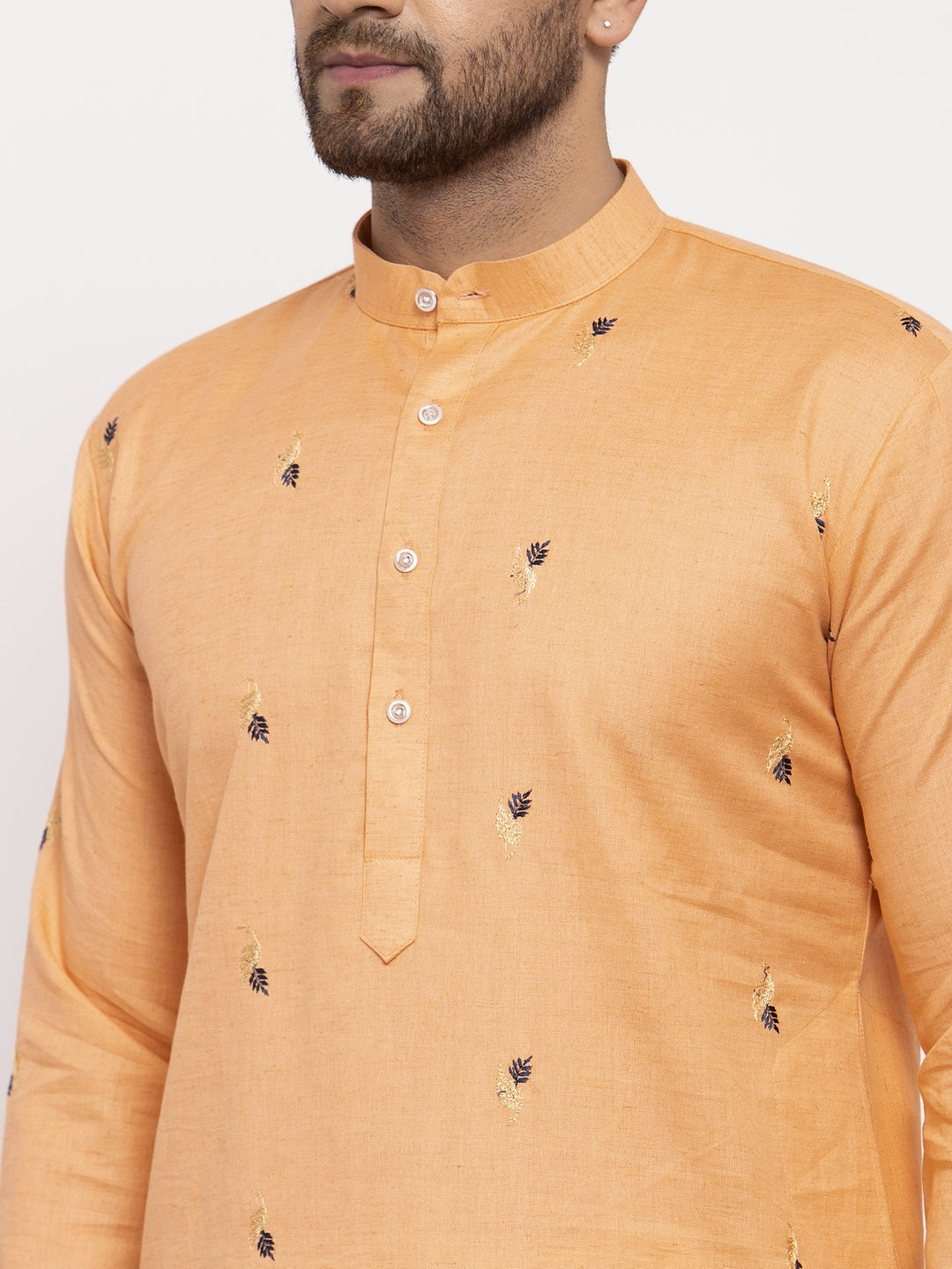 Jompers Men's Orange Printed Cotton Kurta Payjama Sets