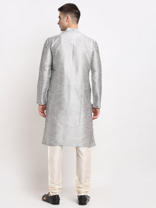 Jompers Men's Silver Solid Dupion Silk Kurta Payjama Set