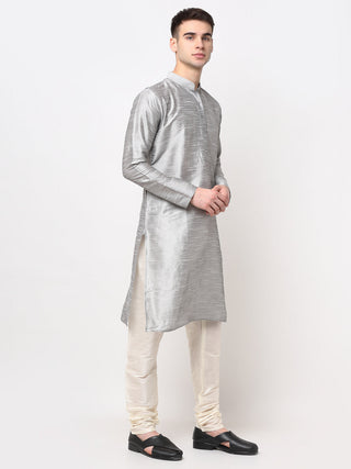 Jompers Men's Silver Solid Dupion Silk Kurta Only