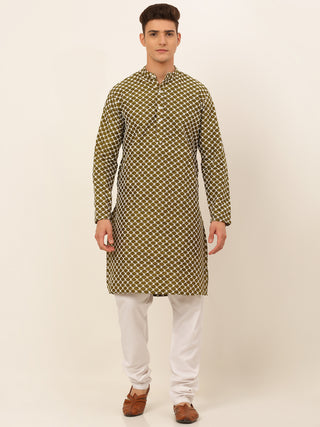 Jompers Men Olive Green Chikankari Kurta with Churidar