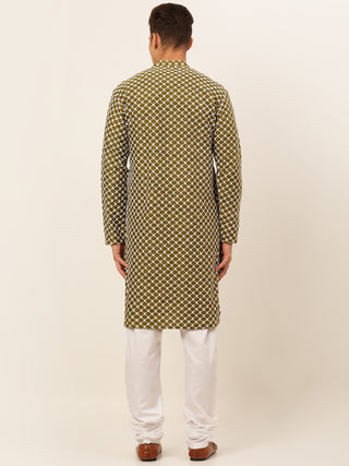 Jompers Men Olive Green Chikankari Kurta with Churidar