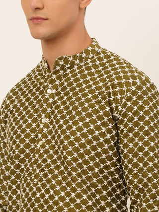 Jompers Men Olive Green Chikankari Kurta with Churidar