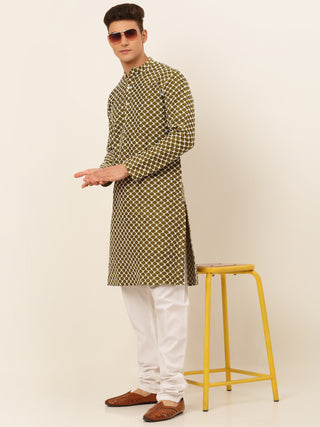 Jompers Men Olive Green Chikankari Kurta with Churidar