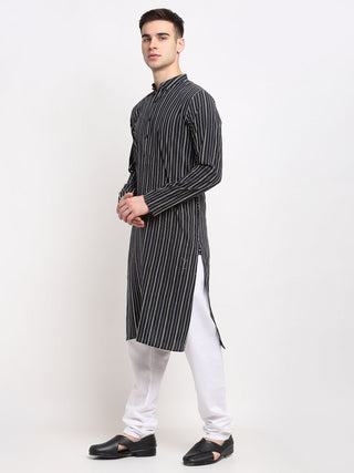 Jompers Men's Black Cotton Striped Kurta Only