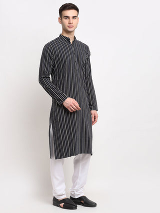 Jompers Men's Black Cotton Striped Kurta Payjama Sets