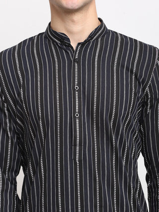Jompers Men's Black Cotton Striped Kurta Payjama Sets