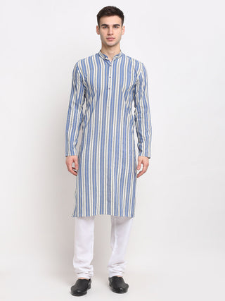 Jompers Men's Blue Cotton Striped Kurta Only