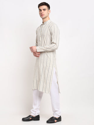 Jompers Men's Cream Cotton Striped Kurta Payjama Sets