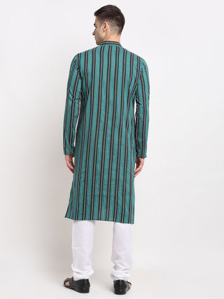 Jompers Men's Green Cotton Striped Kurta Payjama Sets