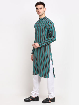 Jompers Men's Green Cotton Striped Kurta Payjama Sets