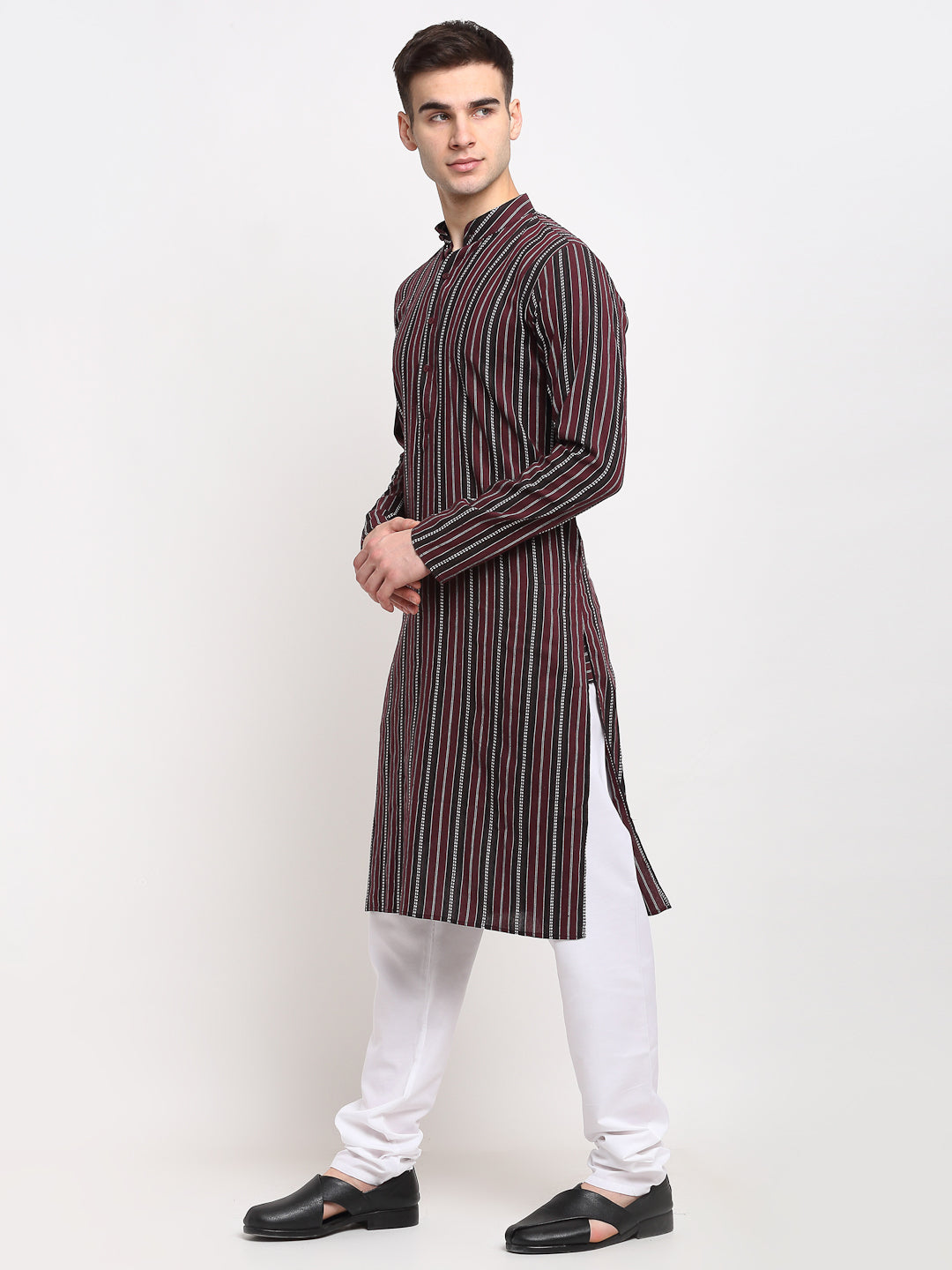 Jompers Men's Maroon Cotton Striped Kurta Payjama Sets