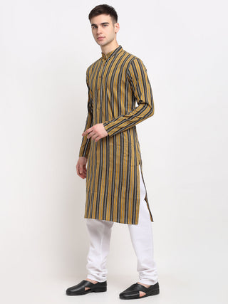 Jompers Men's Mustard Cotton Striped Kurta Payjama Sets