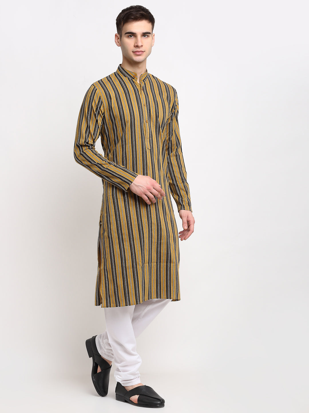 Jompers Men's Mustard Cotton Striped Kurta Payjama Sets