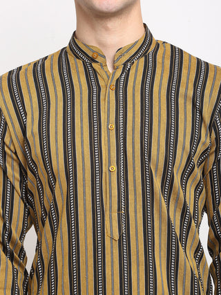 Jompers Men's Mustard Cotton Striped Kurta Payjama Sets