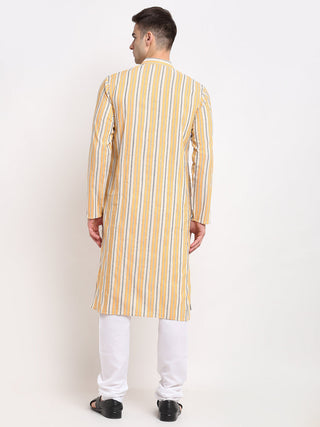 Jompers Men's Yellow Cotton Striped Kurta Only