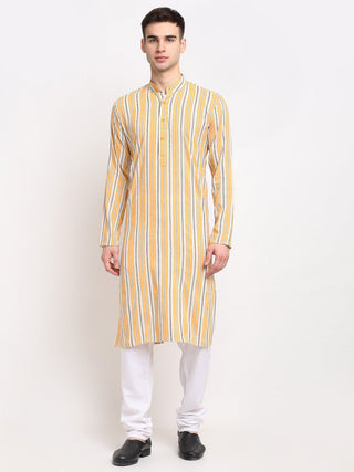 Jompers Men's Yellow Cotton Striped Kurta Only