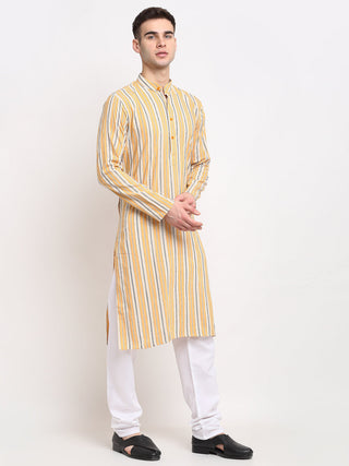 Jompers Men's Yellow Cotton Striped Kurta Only