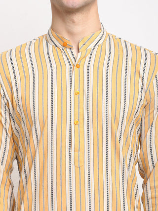 Jompers Men's Yellow Cotton Striped Kurta Only