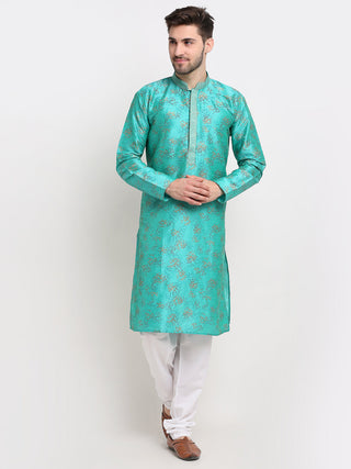 Jompers Men's Green Dupion Printed Kurta Payjama Sets