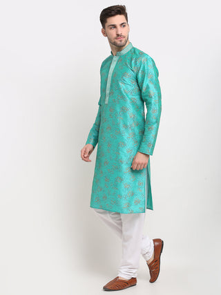 Jompers Men's Green Dupion Printed Kurta Payjama Sets
