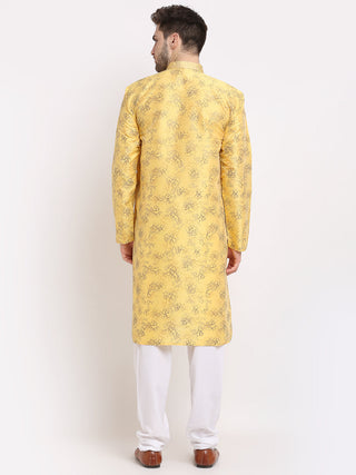 Jompers Men's Yellow Dupion Printed Kurta Payjama Sets