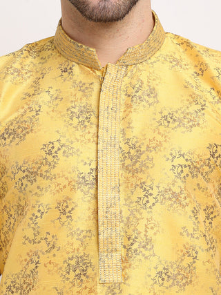 Jompers Men's Yellow Dupion Printed Kurta Payjama Sets