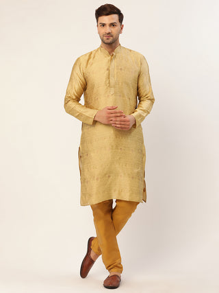 Jompers Men's Beige Coller Embroidered Woven Design Kurta Pyjama