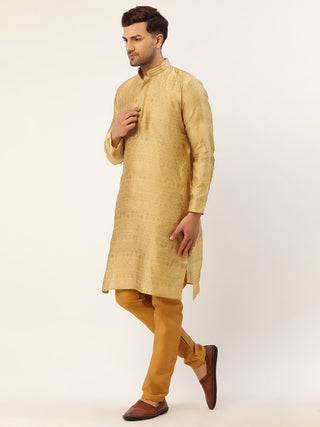 Jompers Men's Beige Coller Embroidered Woven Design Kurta Pyjama