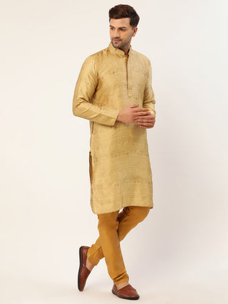 Jompers Men's Beige Coller Embroidered Woven Design Kurta Pyjama