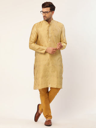 Jompers Men's Beige Coller Embroidered Woven Design Kurta Pyjama