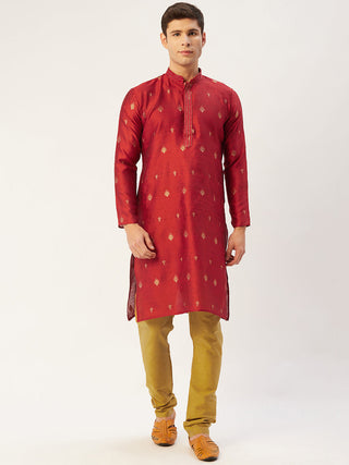 Jompers Men's Maroon Coller Embroidered Woven Design Kurta Only