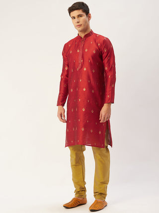 Jompers Men's Maroon Coller Embroidered Woven Design Kurta Only